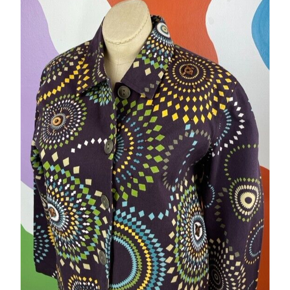 Bamboo Traders Jacket Womens Small Purple Button Artsy Boho Chic Ornate Pattern